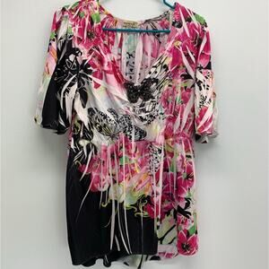 One World Blouse Womens Medium Flowers Butterflies Rhinestones Beads Stretch
